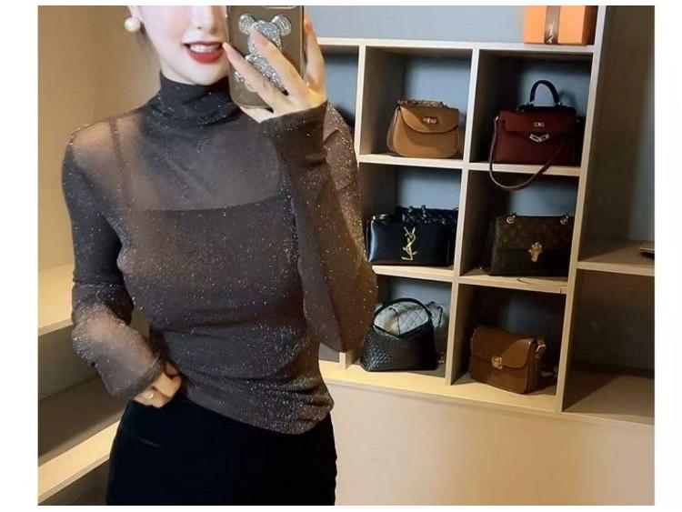2025 Korean Style Black High Neck Mesh Slimming Long Sleeve Women's Top