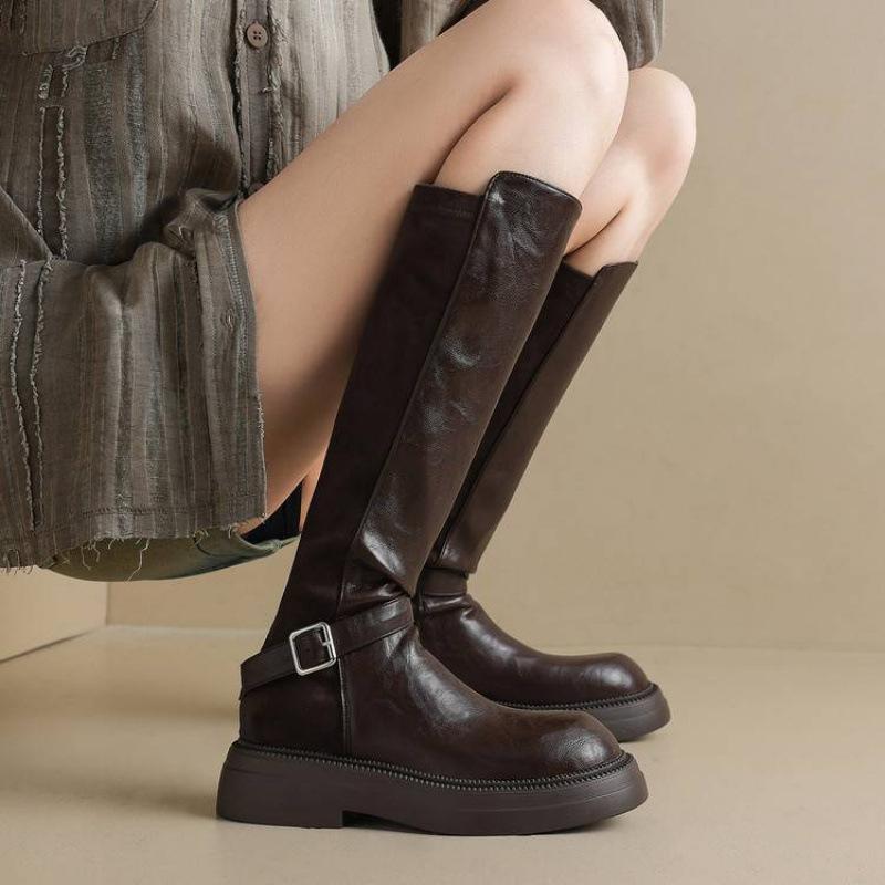 Autumn and winter thick-soled round-headed women's Martin boots solid color large-size rear zipper new comfortable and non-slip medium-heeled high b