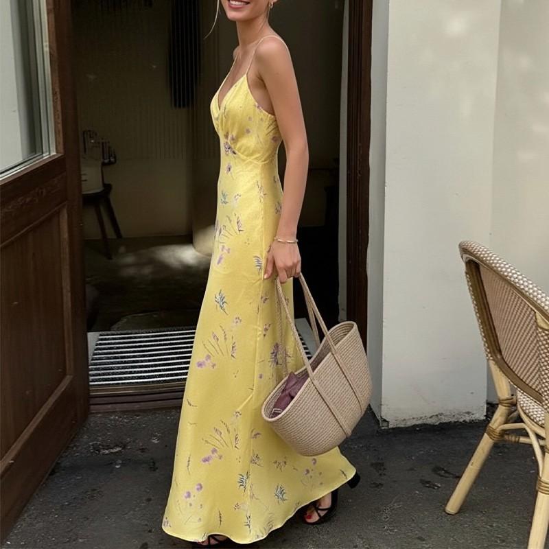 2026 Womens Floral Print Sleeveless V-Neck High-Waist A-Line Maxi Dress Elegant Fit Casual Wear
