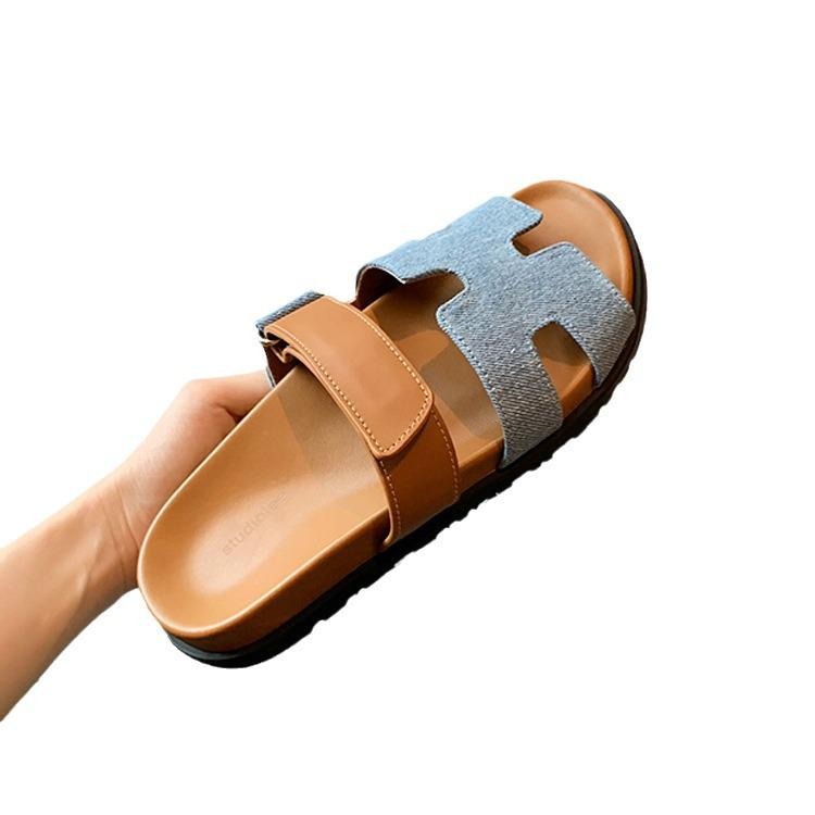 H Slippers Women's Leather Sandals with Thick Bottom New Summer Wear Velcro Soft Open Toe Flat Bottom Mop