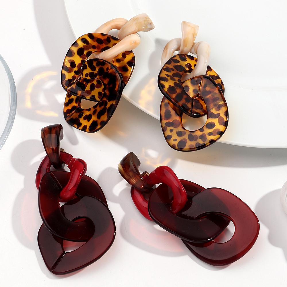Punk Large Acrylic Rhomboid Geometric Long Earrings Leopard Dual Color Chain Dangle Earring for Women Personalized Retro Jewelry