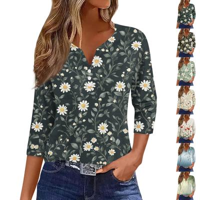 Women's Fashion Casual Flowers Print V-Neck Decorative Button Three-quarter Sleeve T-Shirt Top