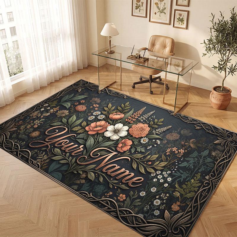 Floral Garden Theme Crystal Velvet Floor Rug Personalized Custom Name Text Warm Carpet Home Decoration