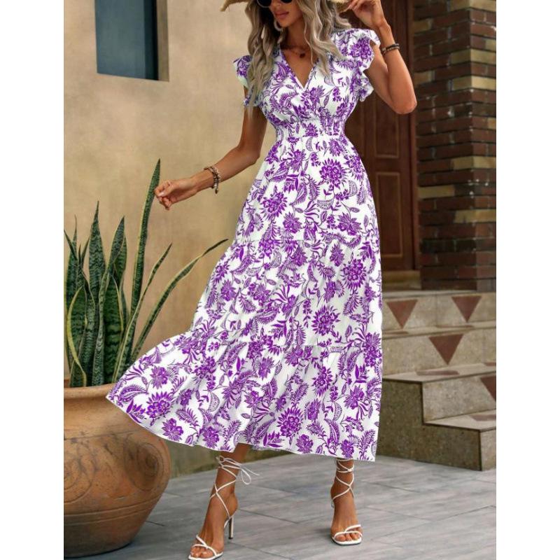Yahua Women's Bohemian V-Neck Floral Dress - Elegant Summer Waist-Cinching Commuter Style 2026