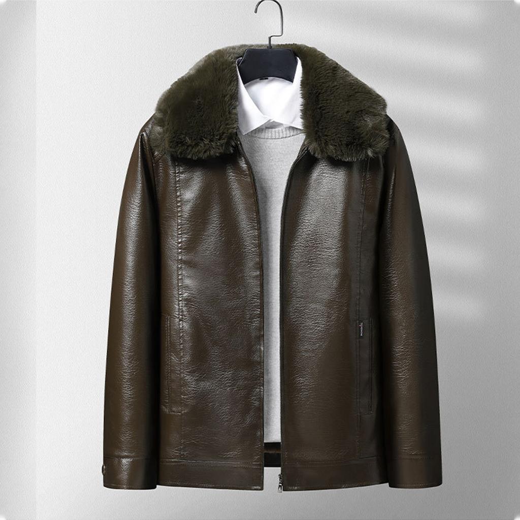 Men's Winter Solid Color Plus Velvet Leather Jacket Men's Casual Jacket