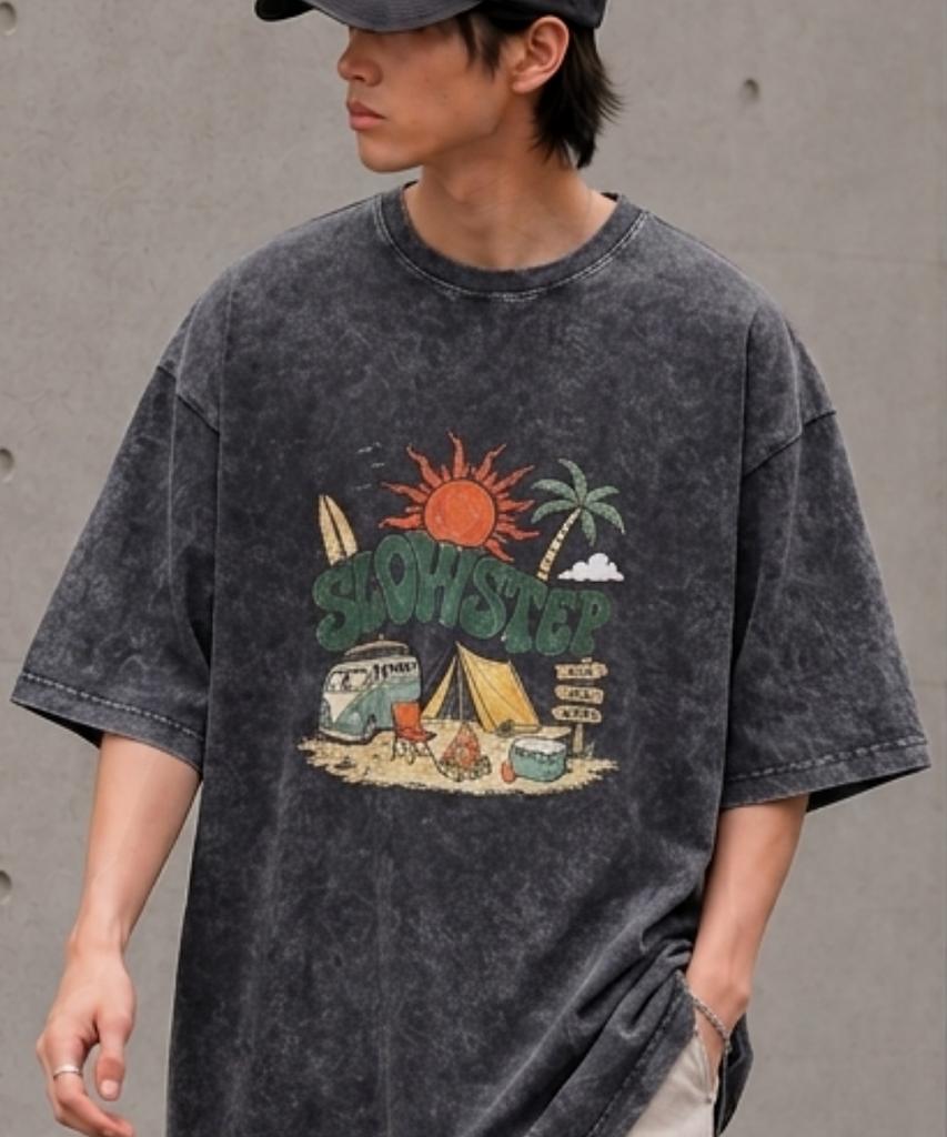 Seullouseuteb Sp2605 Vintage Camping Graphic Pigment Oversized Short Sleeve T-Shirt Black