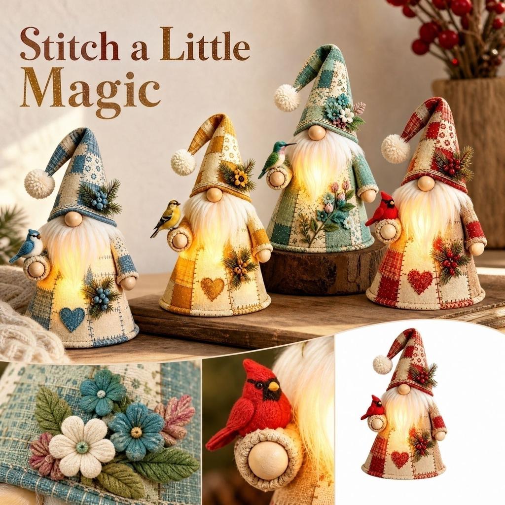 Patchwork Light-Up Gnome Figurine with Combinable Bird-Shaped Puppet for Home Decor