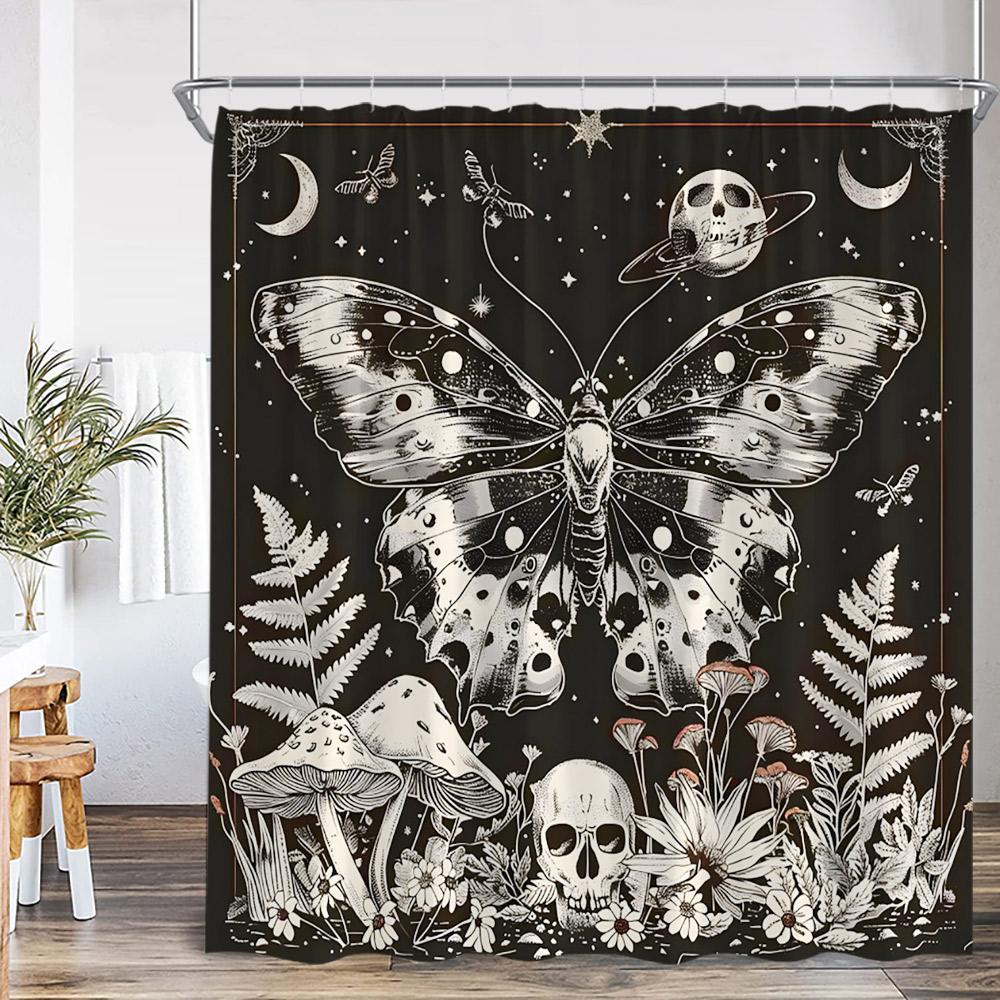 Vintage Butterfly Dragonfly Shower Curtain Flower Skull Mushroom Witch Magic Halloween Bath Decor Retro Polyester Bath Curtain