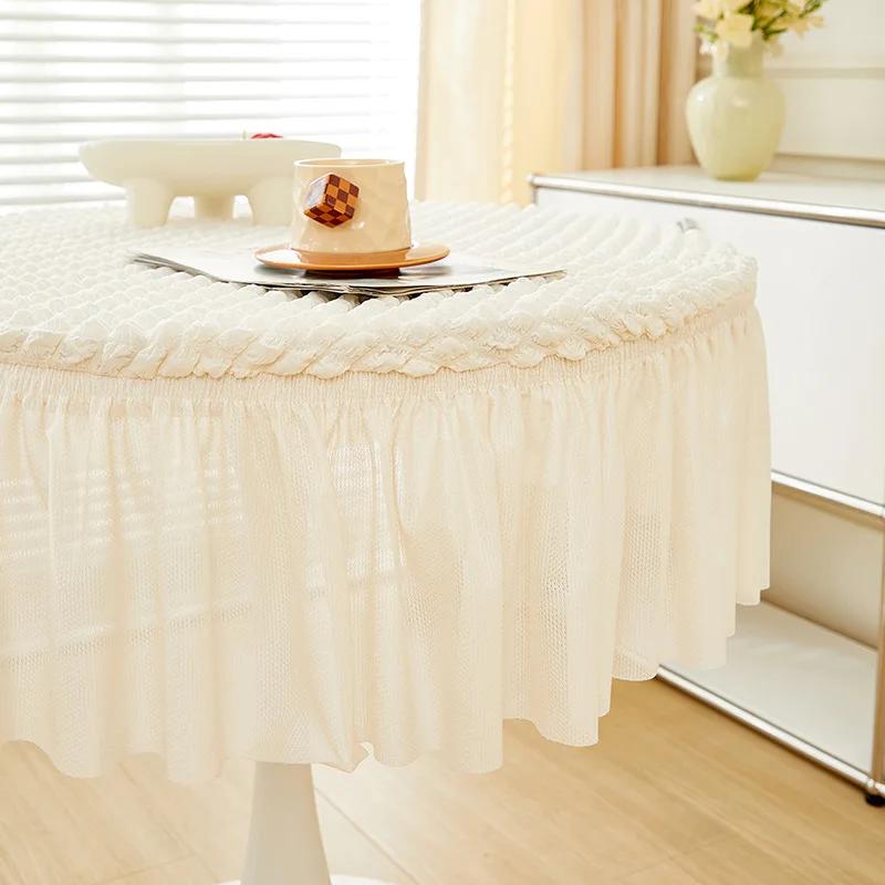 Round Bubble Gauze Tablecloth Seersucker Solid Color Elastic Table Skirt Modern Simple Style Home Decoration Dining Table Cover