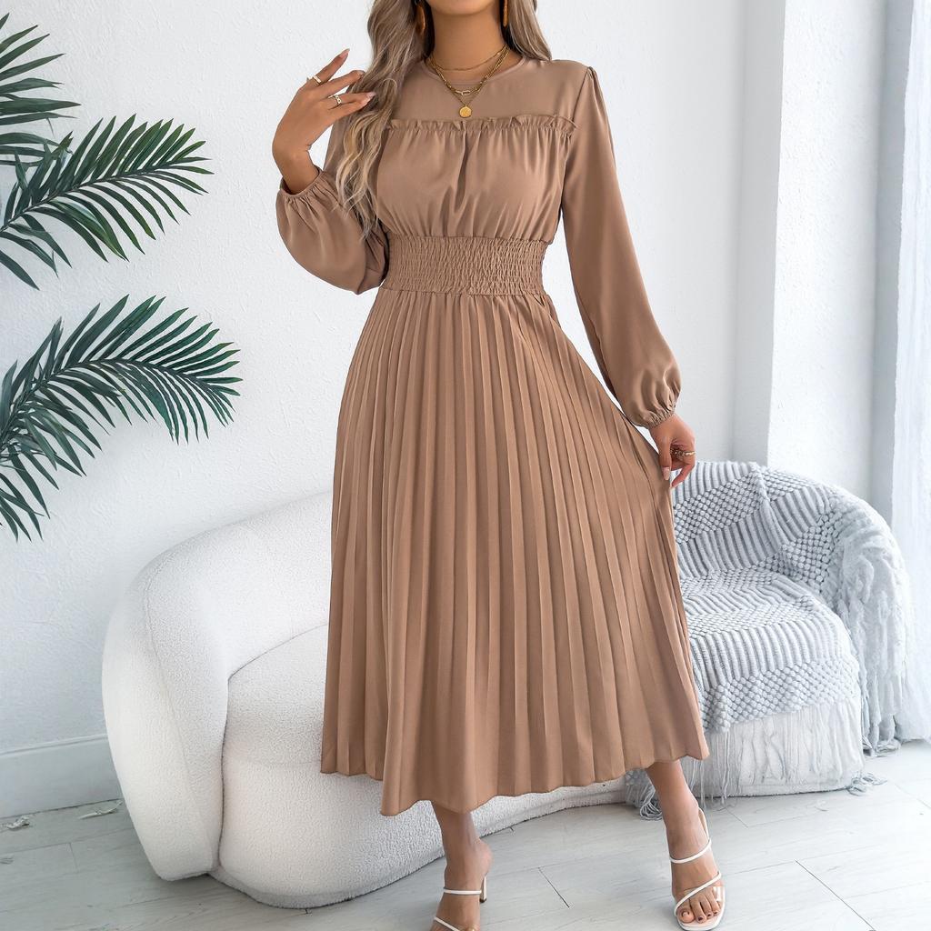 Dámské ležérní kulatý výstřih s lemem kolem uší dlouhý rukáv úzký pas plisované šaty