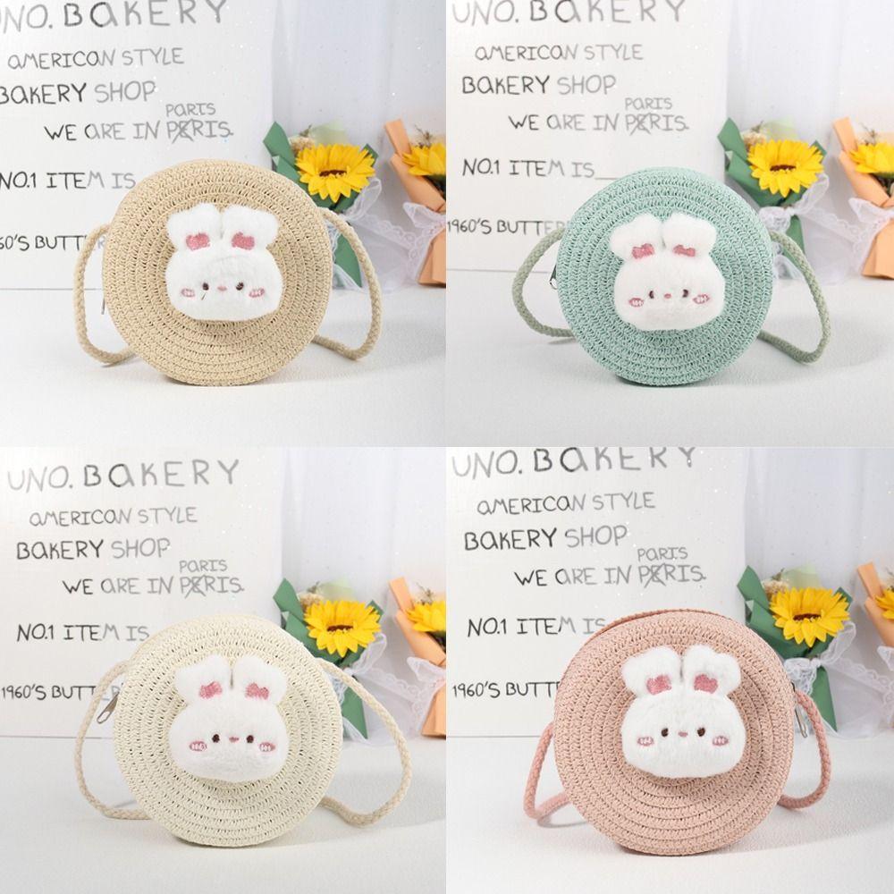 

Straw Woven Crossbody Bag Cute Rabbit Beach Bag Fashion Round Bag бежевый