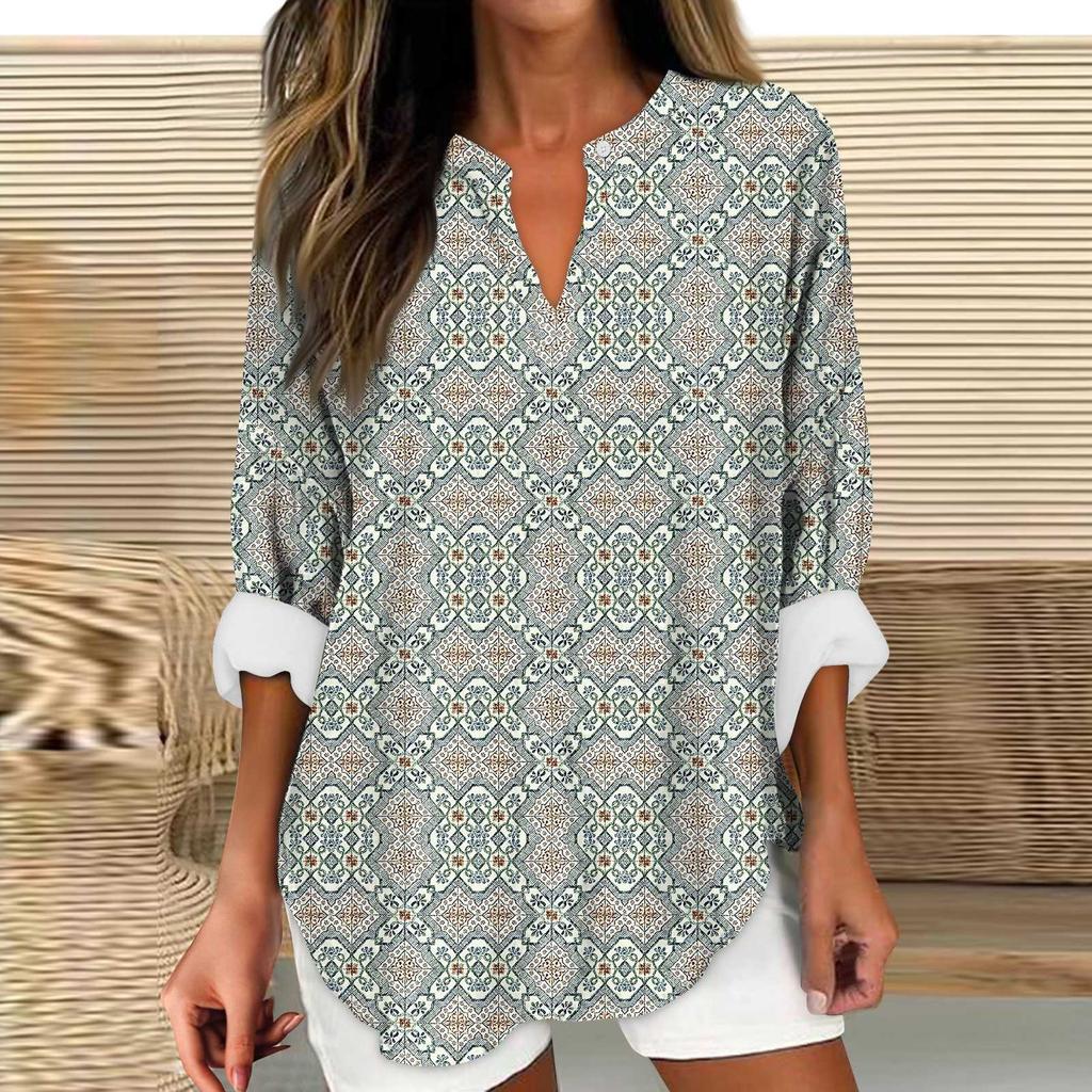 Women's Fashion Casual Printed Drop Shoulder Long Sleeve V-Neck Women's Hemp Tops