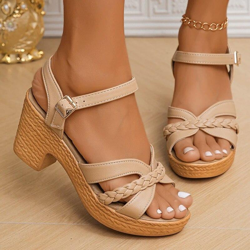 

Lightweight High Heeled Sandals for Women 2026 Summer Ankle Buckle Female Gladiator Sandal Woven Platform Sandals Woman 42 верблюд