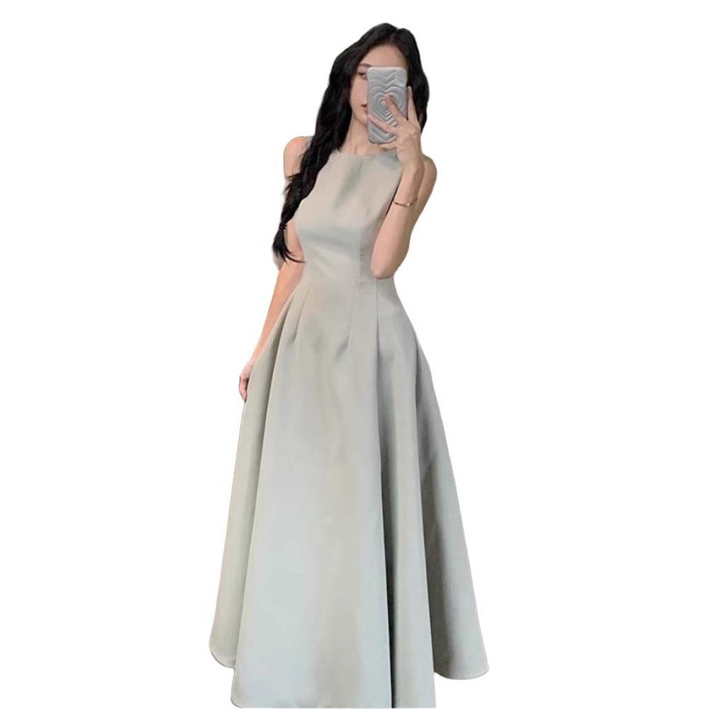 Sleeveless Vest Solid Color Long Skirt Temperament Women Korean Dress Sleeveless Long Dress  Party