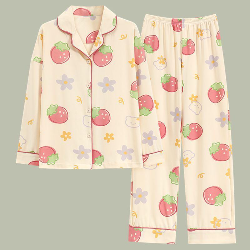 Women's Spring & Autumn Pajama Set - Sweet Style, Long Sleeve & Pants, Loose Fit, Spandex Cotton Ice Silk, Wear Outside.