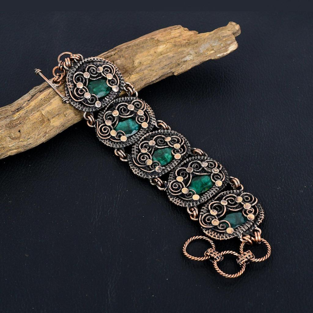 Emerald Bracelet Gemstone Jewelry, 999 Copper Wire Wrapped Adjustable Chain Bracelet, Gift For Women Handmade Bracelet