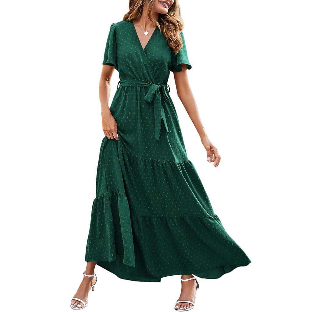 Women's Summer Bohemian Dot V-Neck Floating Short Sleeve Solid Color Tie Dresses
