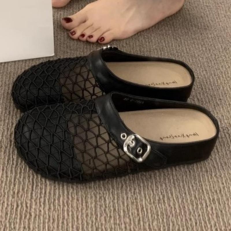 Niche hollow breathable mesh yarn bag head half slippers women summer wear a pedal thick bottom fishing net