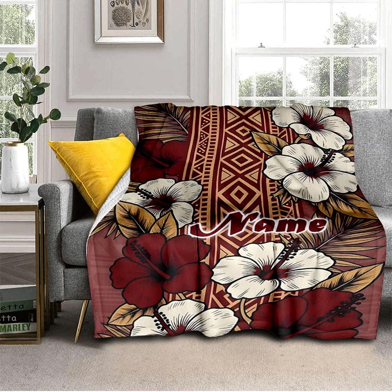 1PC Custom Name Hibiscus Flowers outdooor Flannel blankets Throw Blanket All-Season Throw Gift Bedspread for Couch, Bed, Camping Holiday Birthday gift