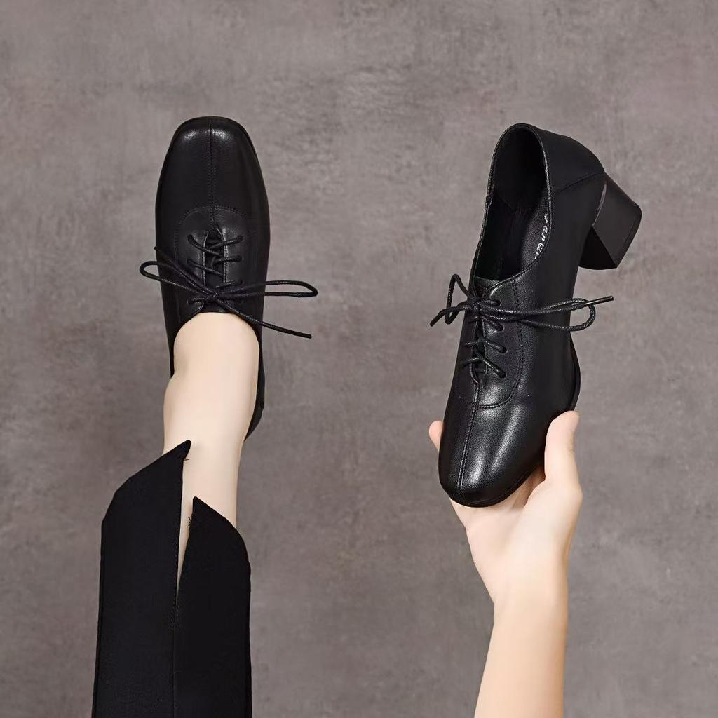 Thick Heel Small Leather Shoes Women's Autumn New Simple Temperament Round Head Middle Heel Deep Mouth Single Shoes Cowhide Work Shoes Leather Shoes
