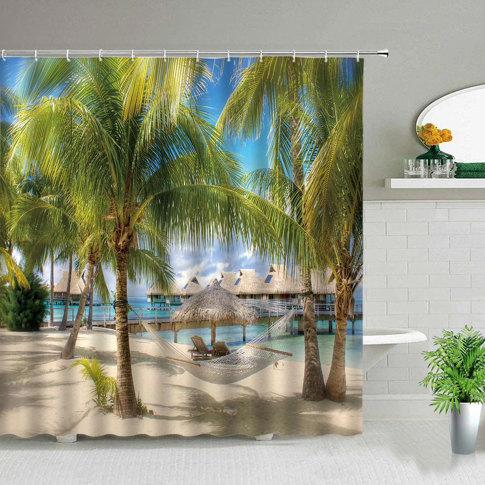 Palm Tree Ocean Scenery Shower Curtains Beach Sea Landscape Waterproof Polyester Fabric Bathroom Decor Bath Curtain with Hooks