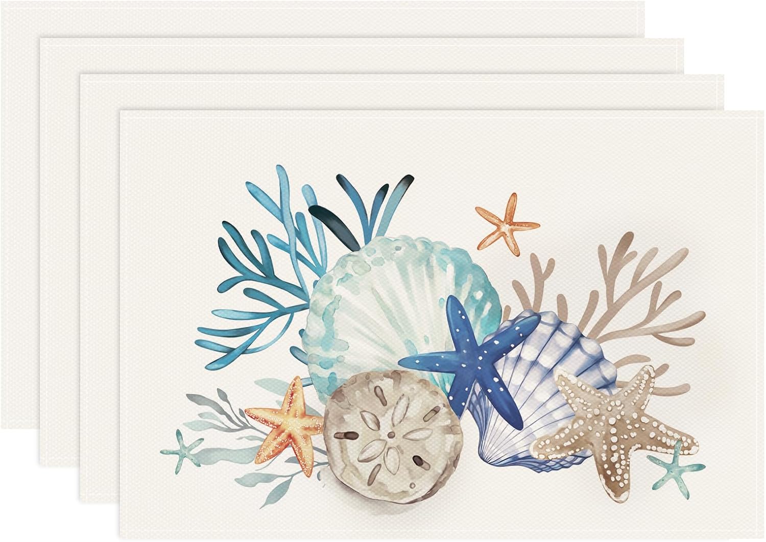 

Nautical Coastal Placemats Set of 4, 12x18 Inch Beach Starfish Seashell Ocean Coral Summer Kitchen Dining Table Mats Washable Place Mats 4Pcs