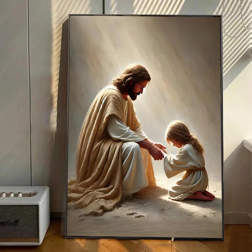 Jezus God Lam Engel Jongen Meisjes Bidden Bijbel Minimalistische Esthetiek Print Canvas Schilderij voor Woonkamer Moderne Woondecoratie