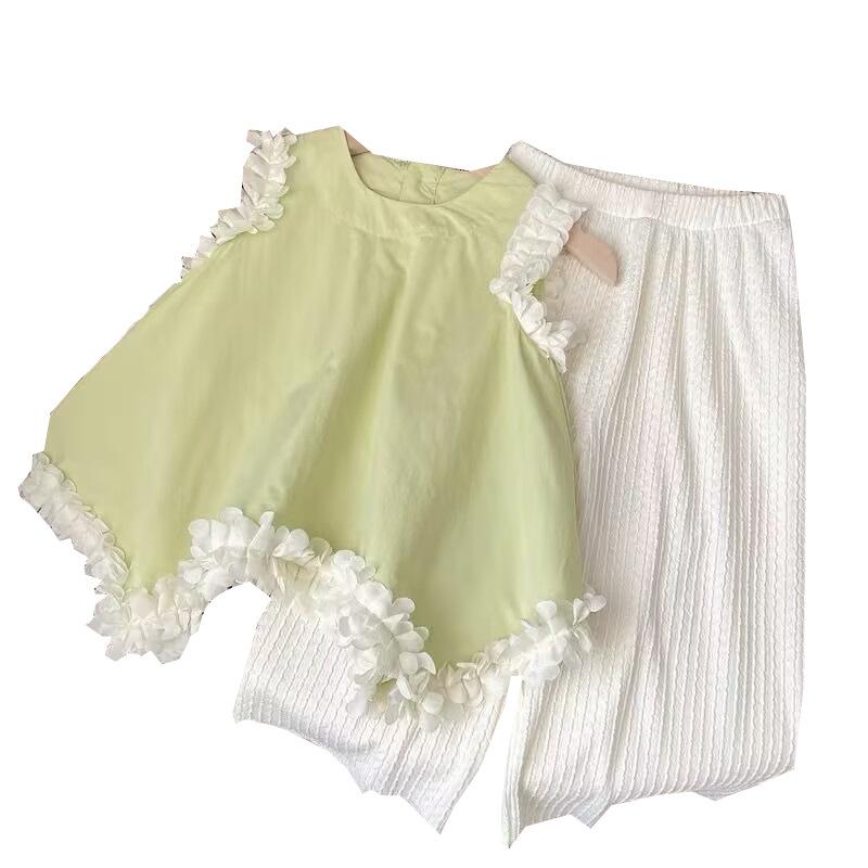 Girls Summer Fashion Set Baby Girl Ruffle Hem Top And Wide Leg Pants Two Piece Outfit Trendy Casual Clothes