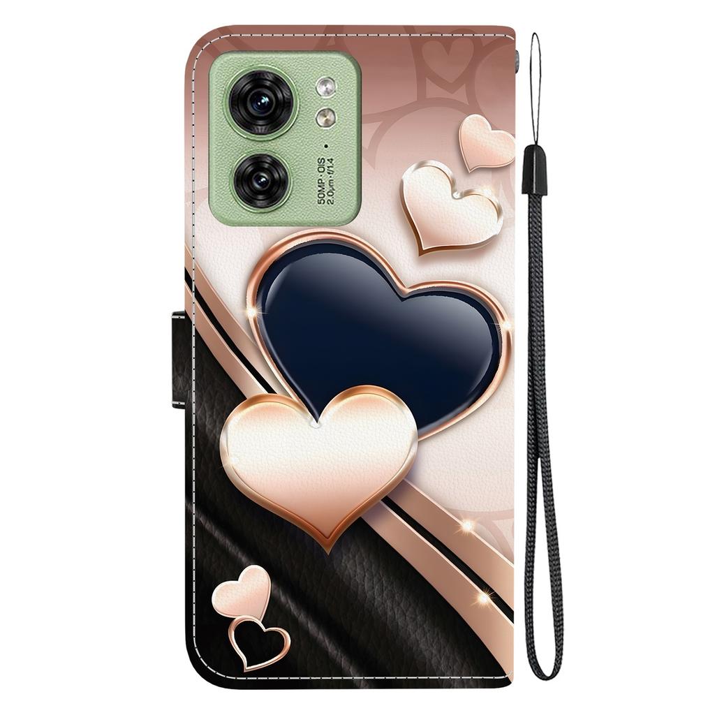 Handmade PU Leather Flip Case for Motorola Edge 40 Anti-Slip Shockproof Cover with Wrist Strap & Heart/Rose Cat Designs