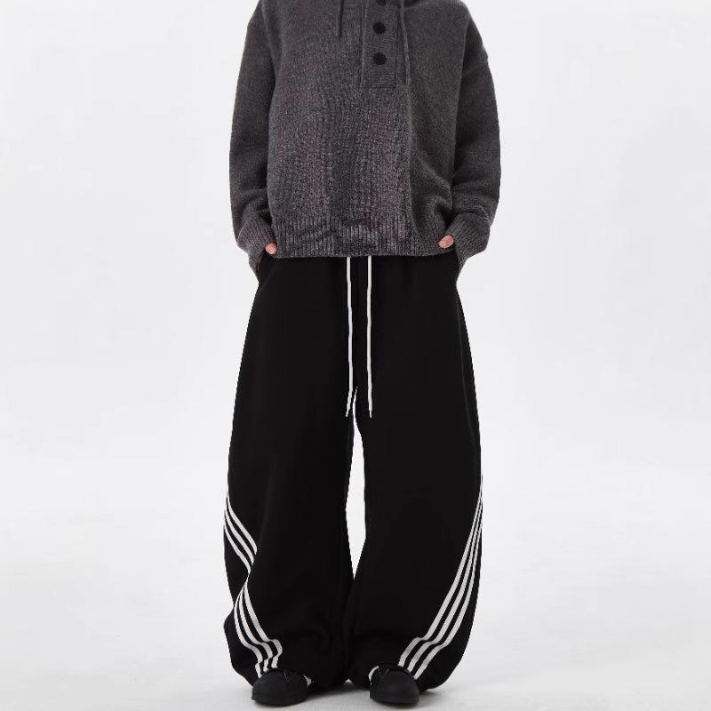 Retro Striped Color Block Wide-Leg Sweatpants with Elastic Drawstring for Men & Women