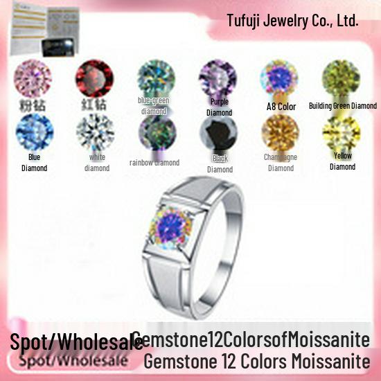 Men's GRA Moissanite Diamond Ring, PT950 Plated, S925 Sterling Silver, Simple Fashion Design.