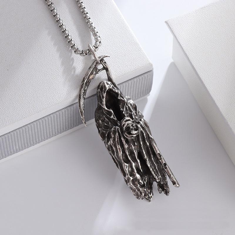 Retro Cloaked Grim Reaper with Sickle Pendant Necklace For Men Hip Hop Punk Copper Color Stainless Steel Neck Chain Jewelry Gift