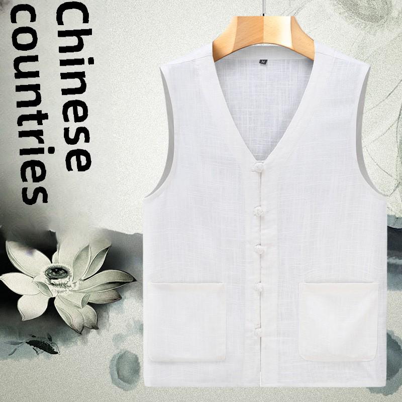 Men's Summer Linen Tang Suit Vest - Lightweight, Loose Fit, Sleeveless, Perfect for Middle-aged and Elderly.