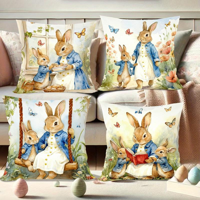 Vintage Easter Decoration Throw Pillow Covers Bunny Eggs Floral Spring Holiday Decorative Pillowcases for Sofa Couch Home Decor