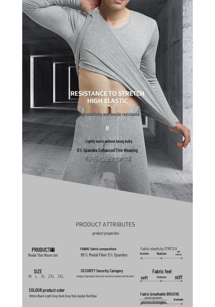 Men's Modal Autumn Base Layer Set: Plain Warm Long Underwear & Sweater - Plus Size for Cold Protection