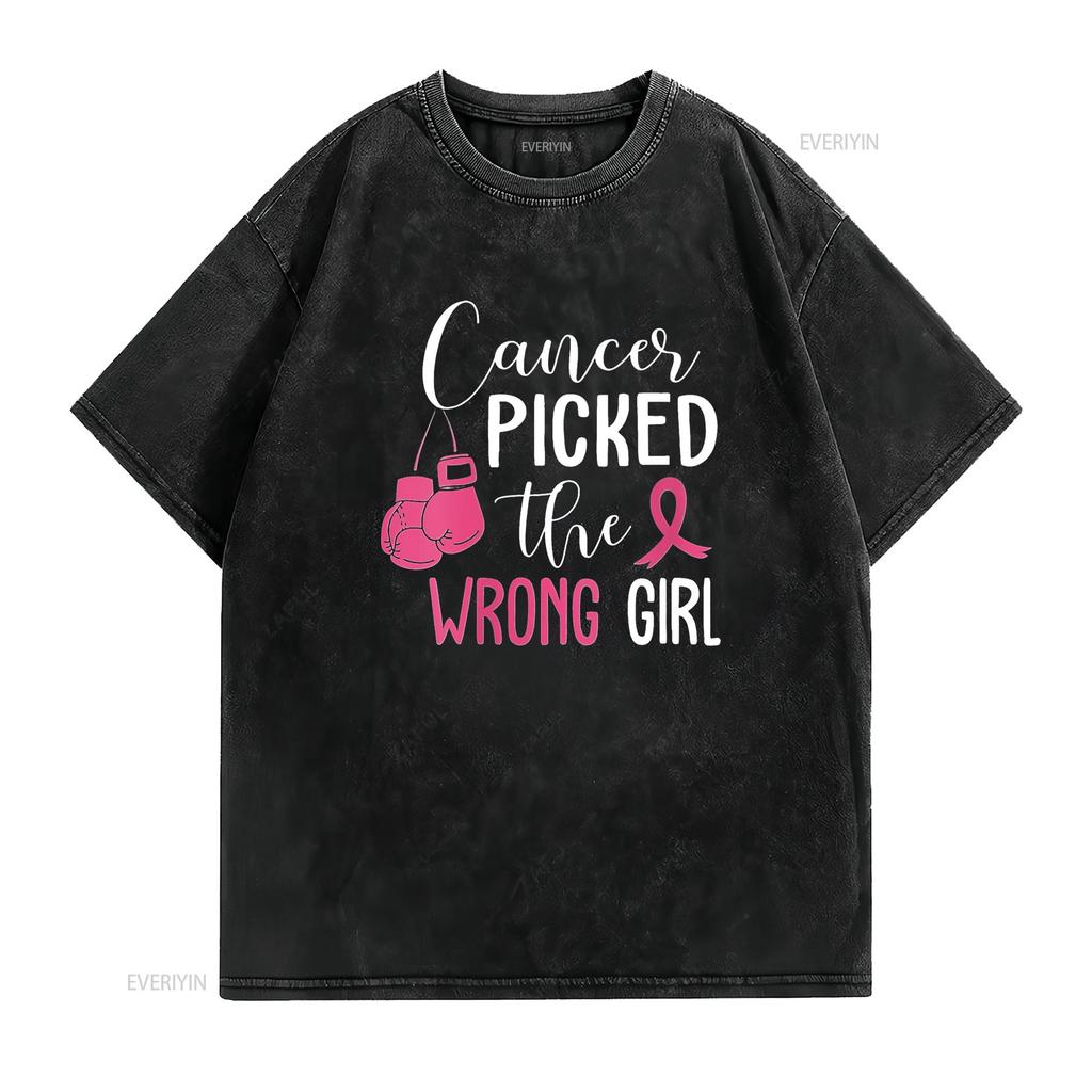 Womens Cancer Picked The Wrong Girl Breast Awareness Round Neck T Shirt Black vintage Washed Slightly fashion Casual