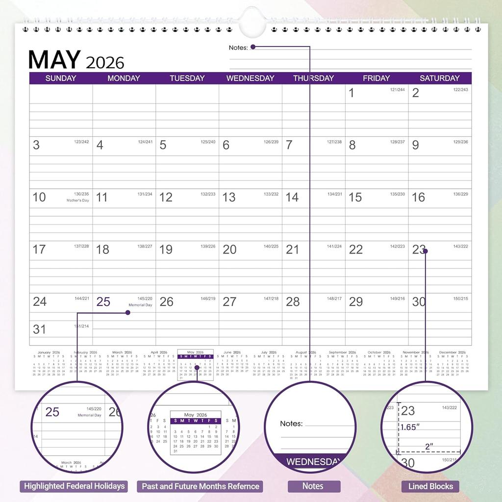 2026 Wall Calendar - Desk/Wall Calendar 2026, Jan.2026 - Dec.2026, 11-1/2"x14.68", Ruled Blocks, Spiral Bound, Monthly Calendar