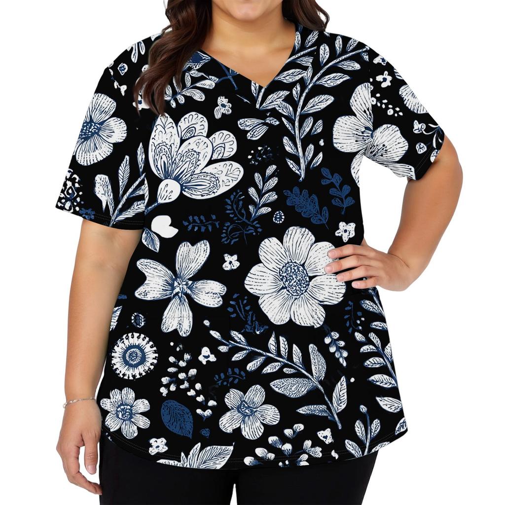 Women's Fashionable V-neck Short-Sleeved Work Top With Double Side Slits And Pockets, Featuring A Retro Floral Print.