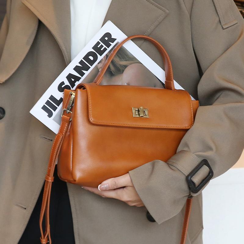 

Genuine Leather Top Handle Crossbody Bag for Women Vintage Oil Wax Leather Shoulder Bag Small Luxury Designer Satchel Handbag 23x9x17cm