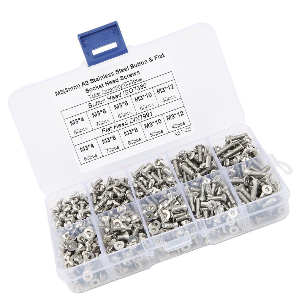 600Pcs Hex Screw Set 304 Stainless Steel PanFlat Head Boxed Hardware Accessories