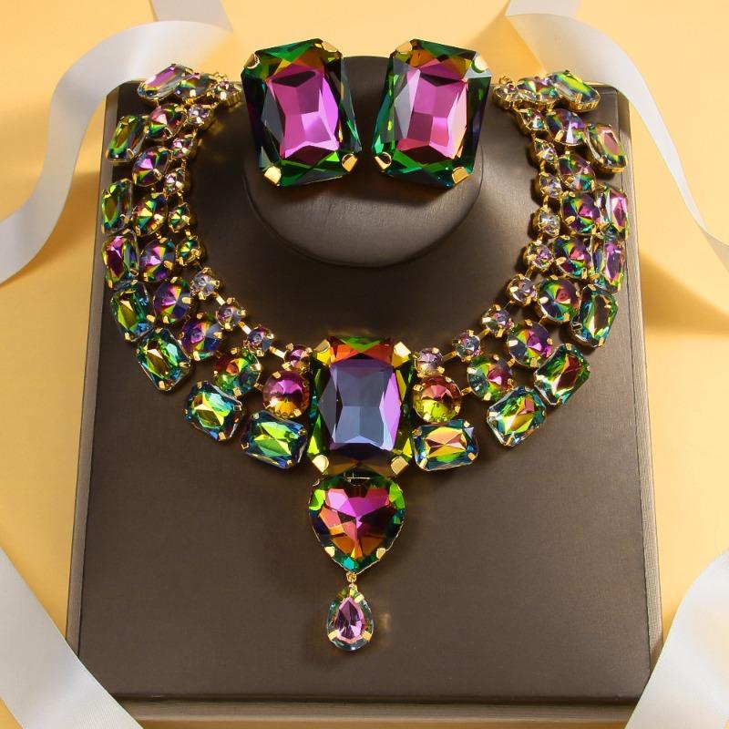 Colorful Jewelry Set Square Earrings Multi-layer Water Drop Collarbone Chain Jewelry Jewelry Set