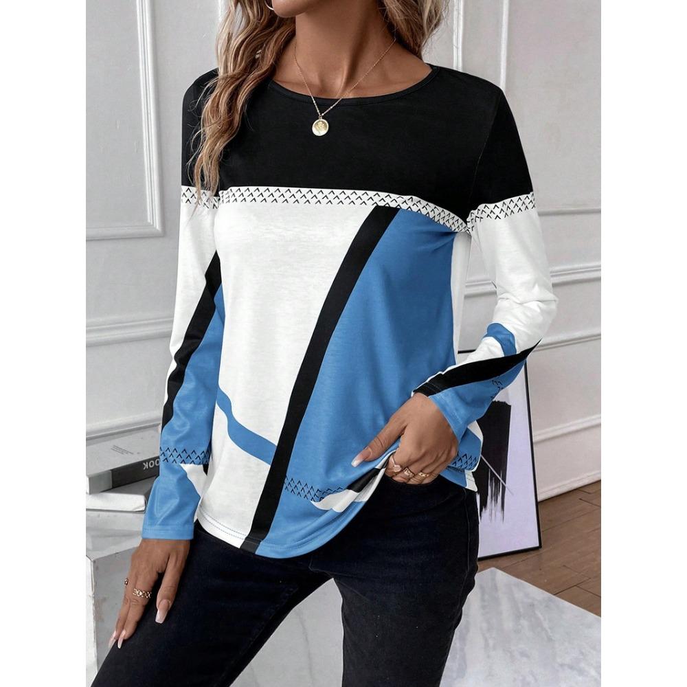 IHUASU Women's Pullover O-Neck Color Contrast Patchwork Geometric Print Top T-shirt