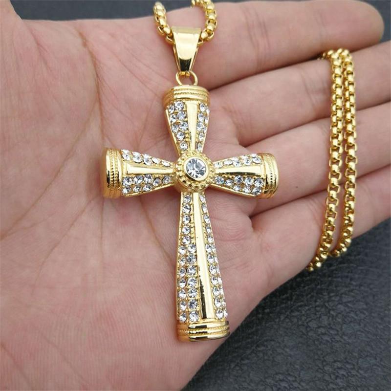 Religious Iced Out Bling Jesus Cross Pendants Gold Color Stainless Steel Zirconia Christian Necklaces For Women Men Jewelry