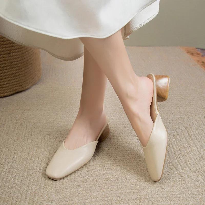 Fashion Baotou Slippers Women's 2025 New Korean Fashion Solid Color Leather Face Thick Heel Fairy Style Slippers Zapatillas De Mujer