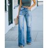 Womens High-Waisted Wide-Leg Denim Pants With Distressed Washed Effect Slimming Fit