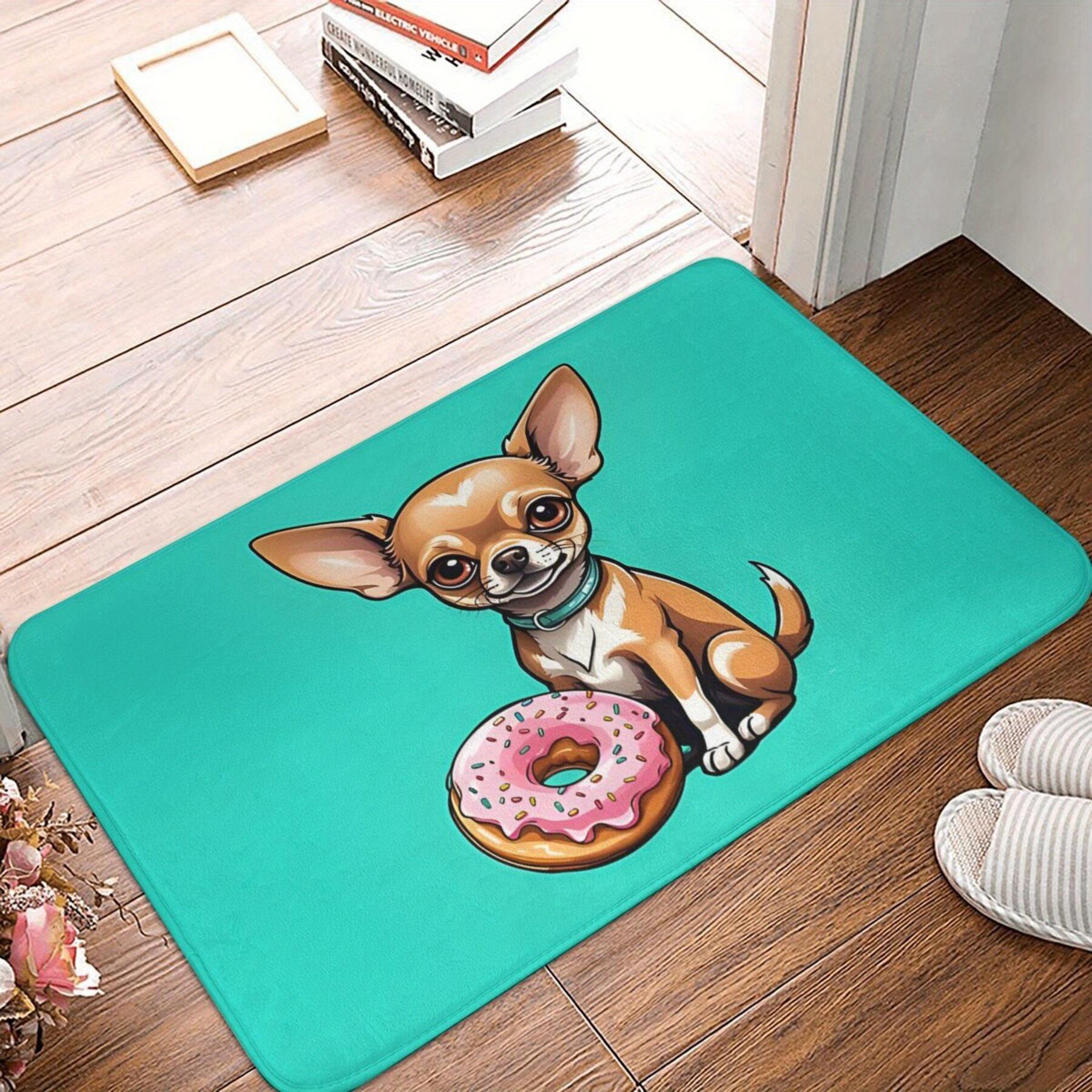 

Chihuahua and donut design doormat, turquoise background, indoor entrance living room polyester carpet 40x60cm