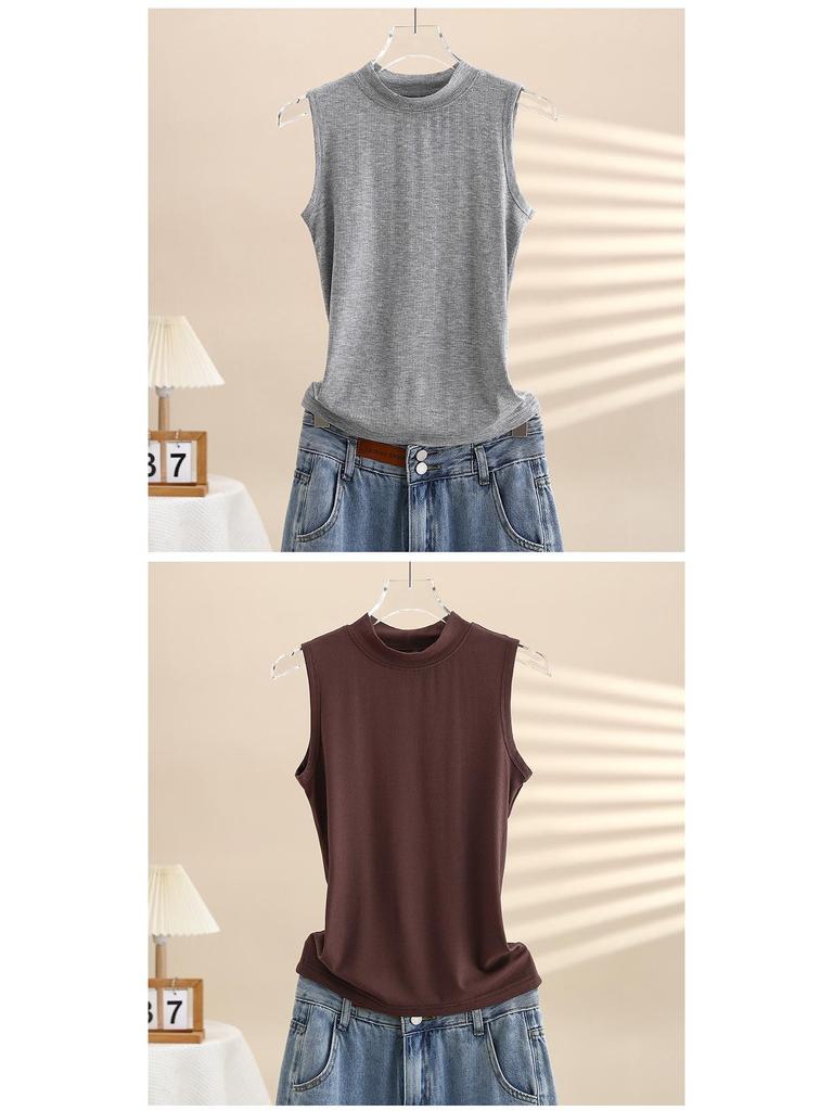 Women's Sleeveless Semi-High Neck Slim Cotton Vest - Solid Color Summer Top