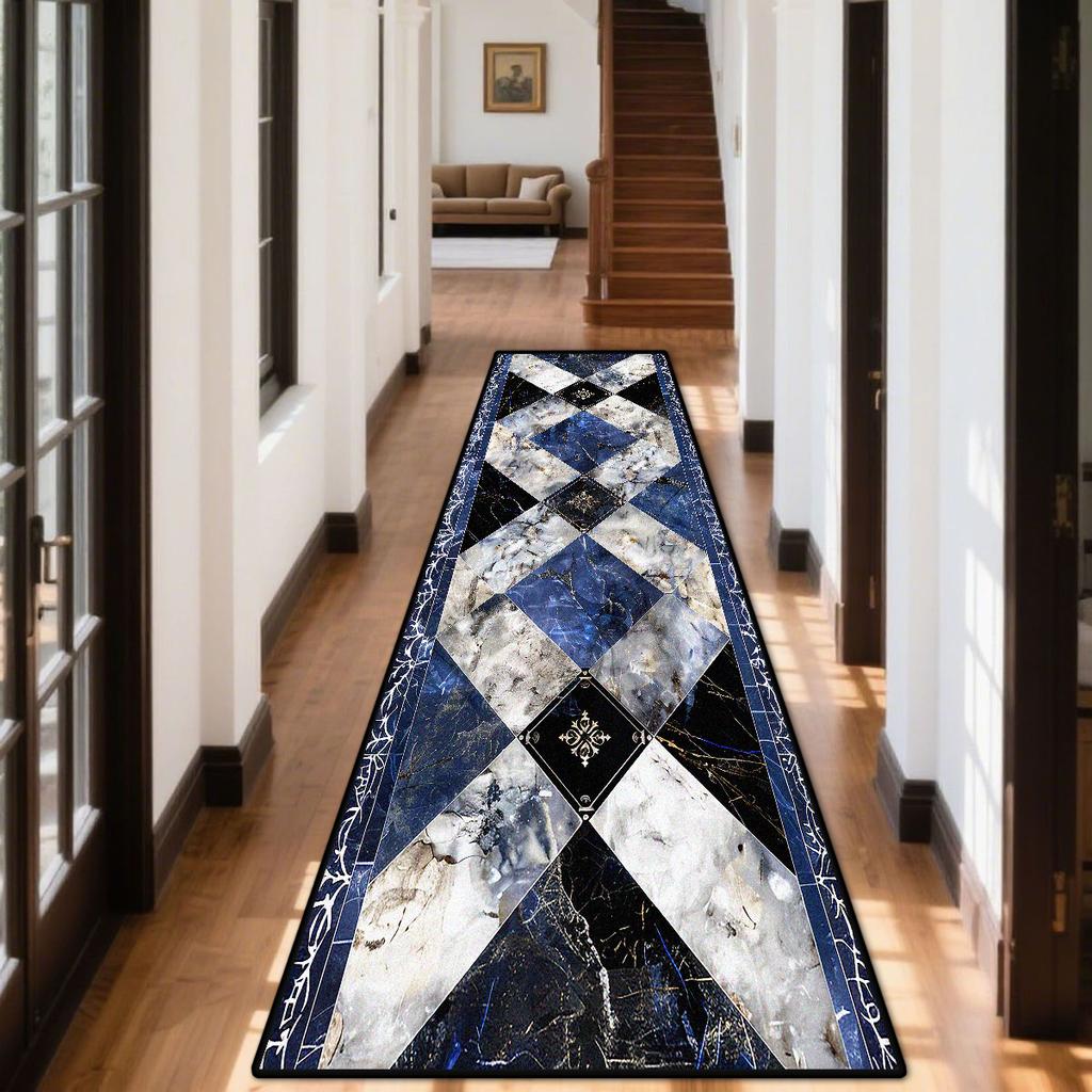 Dark Blue Marble Long Corridor Carpet Hall Runner Decor Non-slip Washable Stairway Rugs Customizable European Aisle Floor Mat