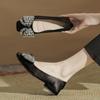H263-5 Large Rhinestone Bow Square Head Women's Shoes Flat Sole One Pedal Casual Women's Shoes Satin Soft Sole Single Shoes Women