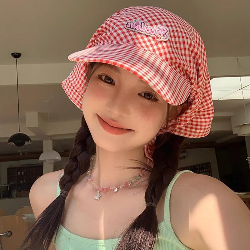 Women's Sunshade Hats Plaid Simple Sweet Personality Fashion Trendy Korean Style Versatile Headwears Outdoor Beach Head Scarfs
